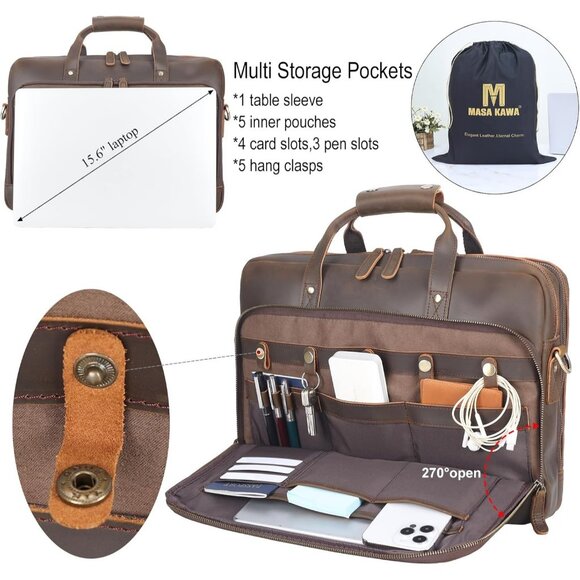 ⚡Men Deep Brown Fits 15.6 Inch Laptop Crossbody Bag Attached Leather Briefcase - Picture 3 of 9